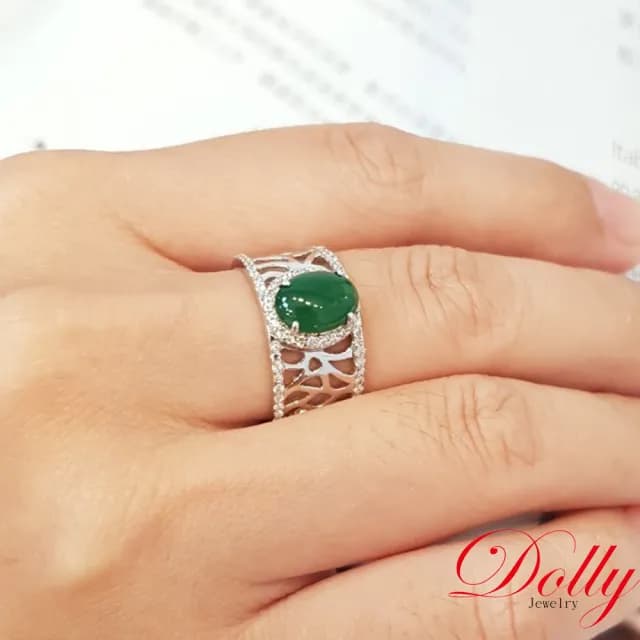 【DOLLY】18K金 緬甸高冰種老坑綠A貨翡翠鑽石戒指(母親節 長輩送禮 交換禮物首選)