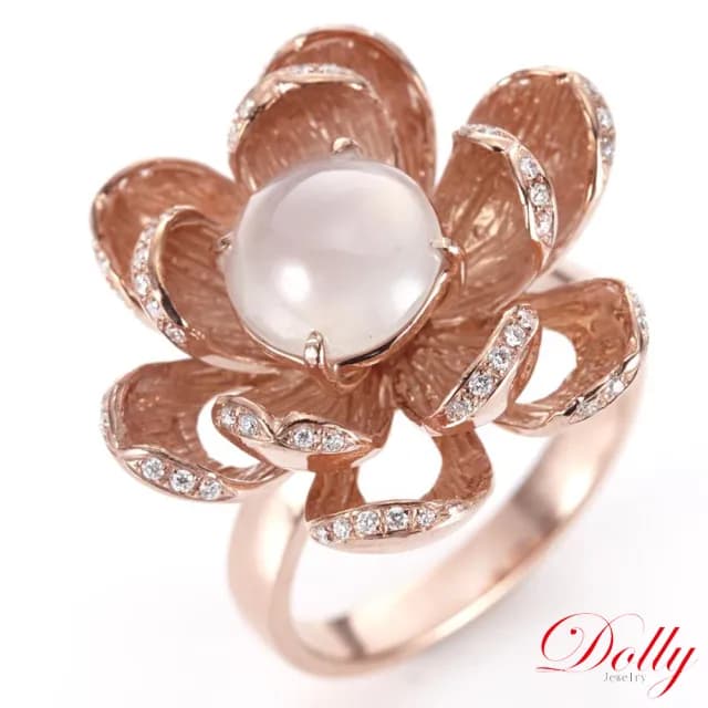 【DOLLY】14K金 緬甸冰種A貨白翡玫瑰金鑽石戒指(現貨 母親節 長輩送禮首選)