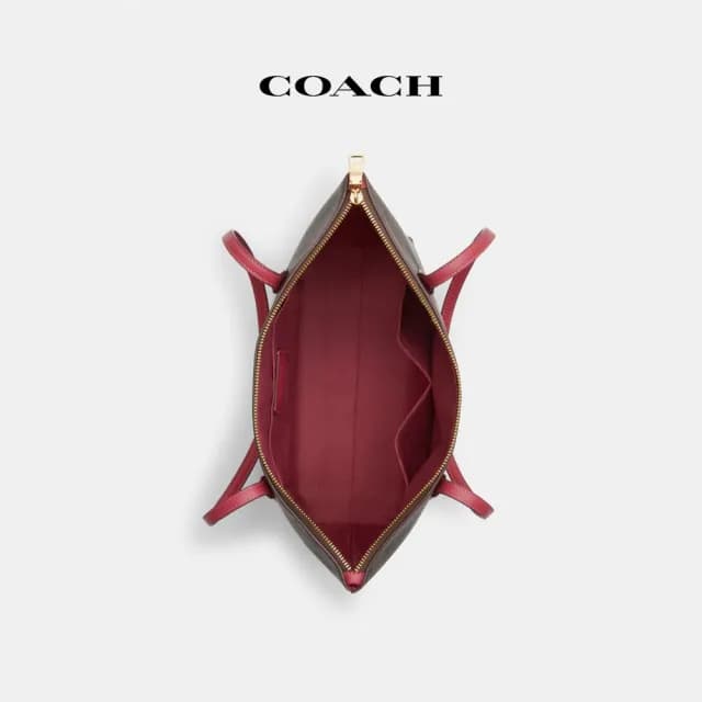 【COACH】蔻馳官方直營 經典Logo和馬車圖案托特手袋-IM棕色胭脂色(CN626)