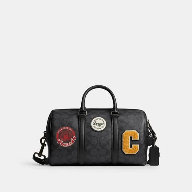 【COACH】蔻馳官方直營 VENTURER 27 經典 SIGNATURE 帆布與徽章手袋-青銅色硬體/炭黑色 混合色(CY821)