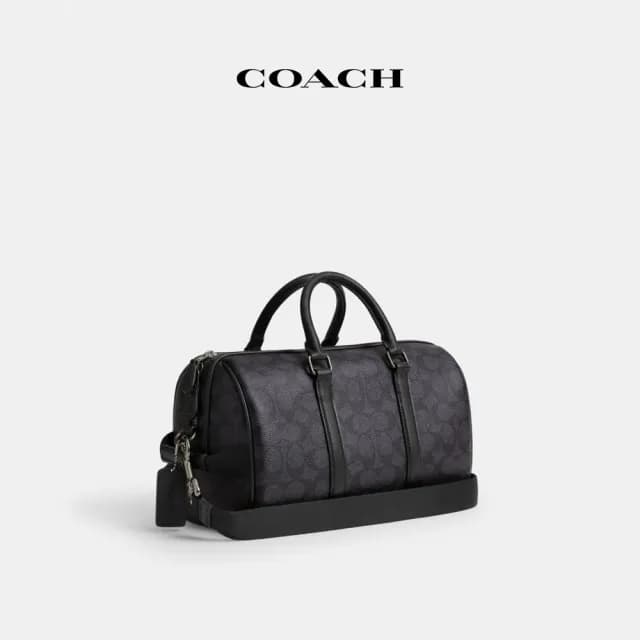 【COACH】蔻馳官方直營 VENTURER 27 經典 SIGNATURE 帆布與徽章旅行袋 旅行包 行李袋 斜背包-炭黑色(CY821)