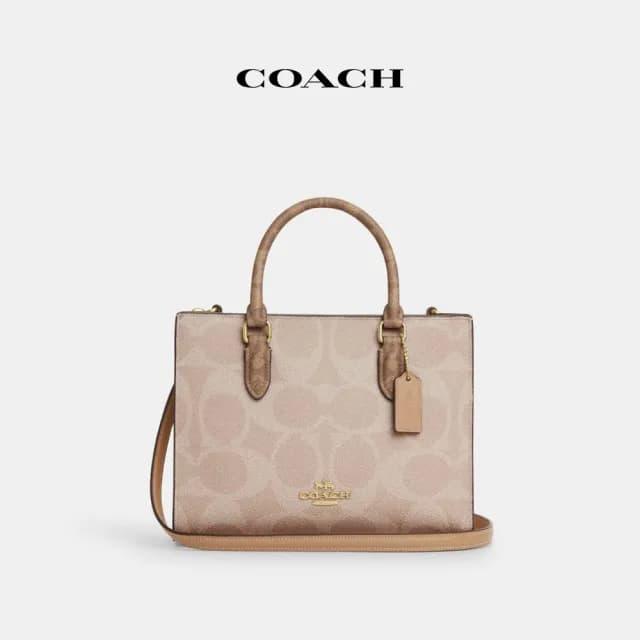 【COACH】蔻馳官方直營 MAGGIE撞色經典Logo小號托特手袋-IM/沙黃色/棕黃色(CY676)