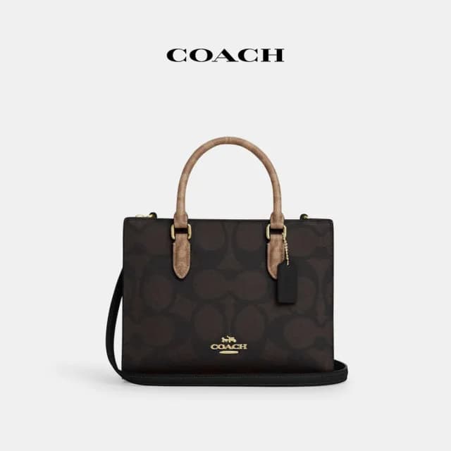 【COACH】蔻馳官方直營 MAGGIE撞色經典Logo小號托特手袋-IM/胡桃木色/棕黃色(CY676)