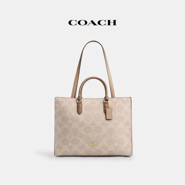 【COACH】蔻馳官方直營 MAGGIE撞色經典Logo托特手袋-IM/沙黃色/棕黃色(CY677)