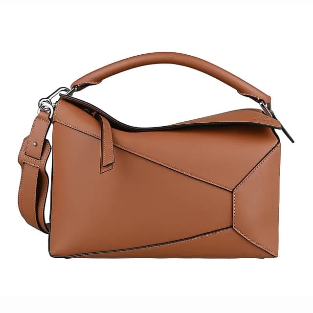 【LOEWE 羅威】LOEWE Puzzle標誌性LOGO小牛皮搭織布拉鍊斜背兩用包(中/馬鞍棕)