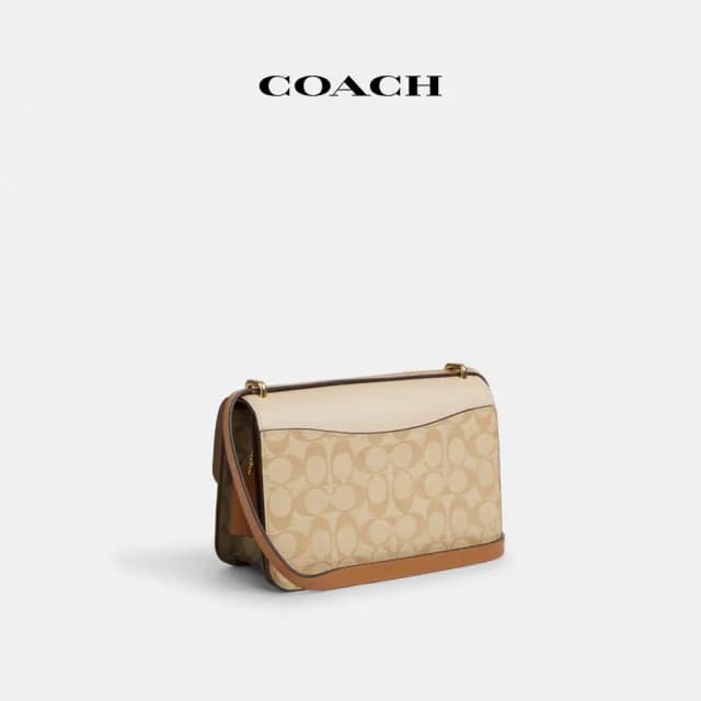 【COACH】蔻馳官方直營 MORGAN撞色經典Logo大號方形斜背手袋-IM/淺卡其色/卡其色混合色(CR331)