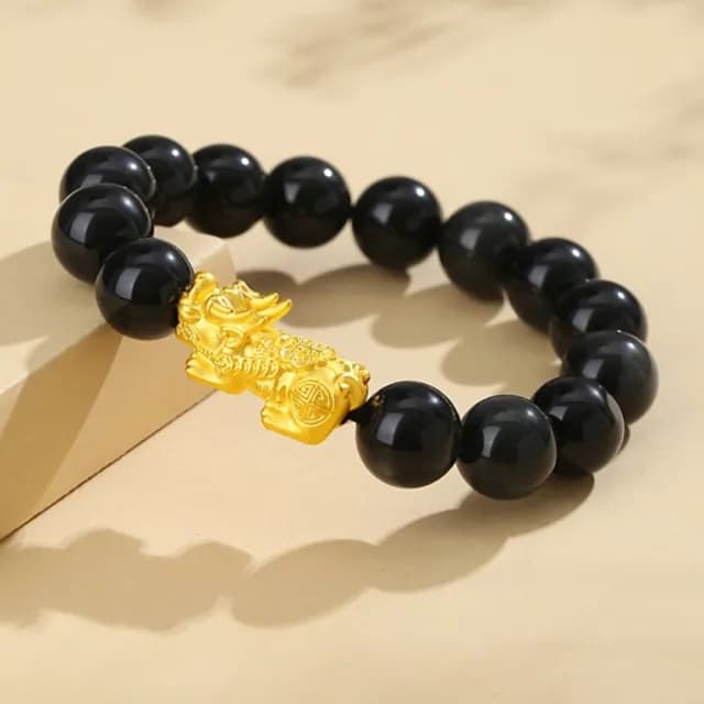 【Penny珮妮】黃金999 迷你貔貅黑曜石瑪瑙 手鍊珠徑6mm(母親節 父親節 生日 交換禮物 情人節 尾牙 新年)