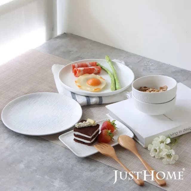 【Just Home】北歐織紋陶瓷碗盤餐具5件組-兩色可選(可微波 碗 飯碗 碗盤 餐盤 湯盤 送禮)