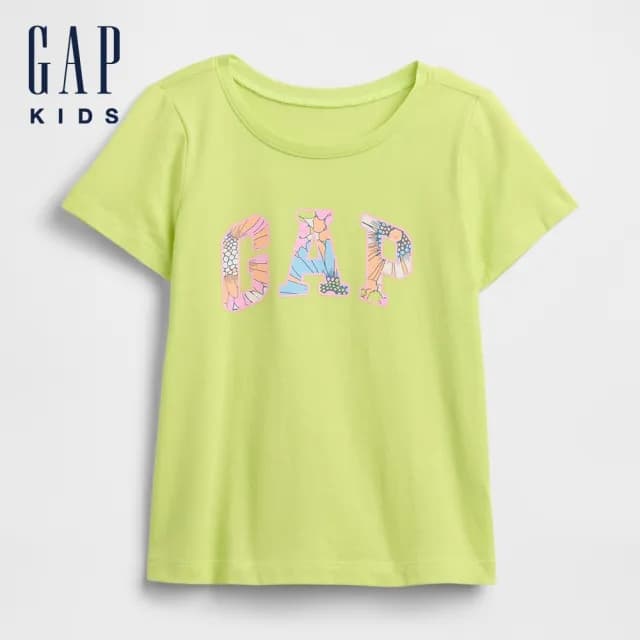 【GAP】女幼童裝 Logo純棉印花圓領短袖T恤-黃綠色(768901)