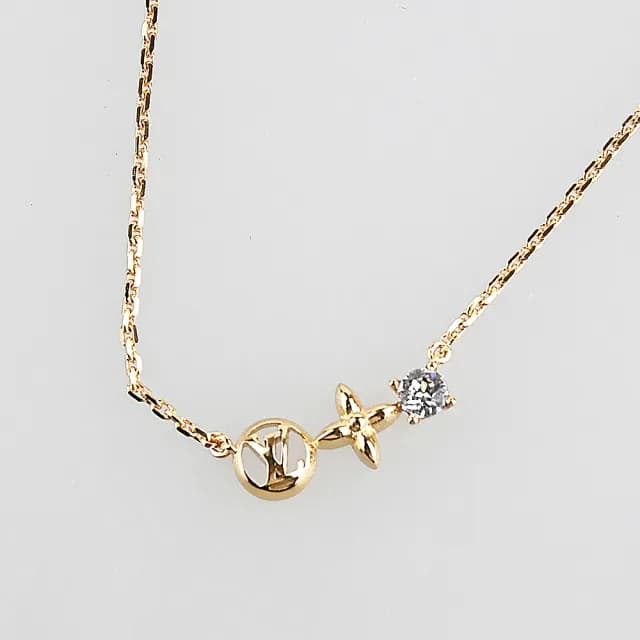 【Louis Vuitton 路易威登】LOUIS VUITTON Petit Louis花形吊飾水鑽可調節項鍊(金)