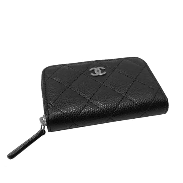 【CHANEL 香奈兒】AP0216 經典雙C銀LOGO菱格紋牛皮拉鍊零錢包(黑色)