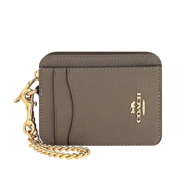 【COACH】荔枝紋皮革金屬鏈帶證件卡夾/零錢包(拿鐵色)