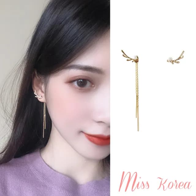 【MISS KOREA】韓國設計細緻枝枒珍珠墜鍊不對稱夾式耳環(無耳洞耳環 耳夾 夾式耳環)