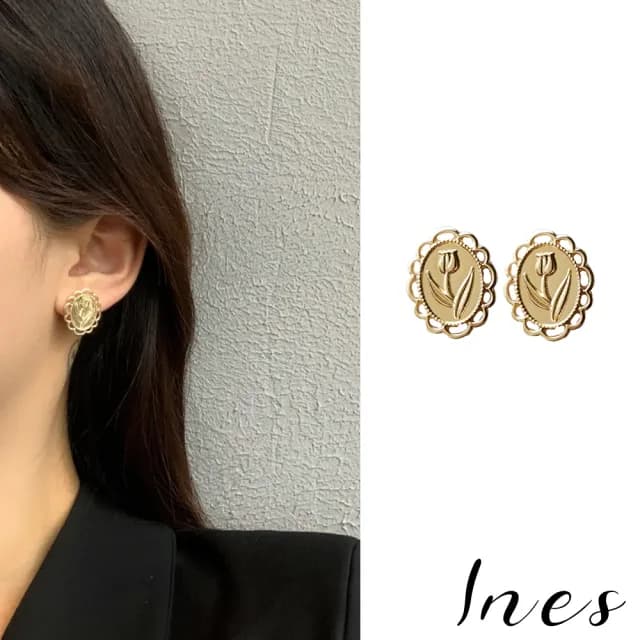 【INES】韓國設計法式花邊鬱金香浮雕造型優雅夾式耳環(無耳洞耳環 耳夾 夾式耳環 浮雕耳釘 鬱金香耳釘)