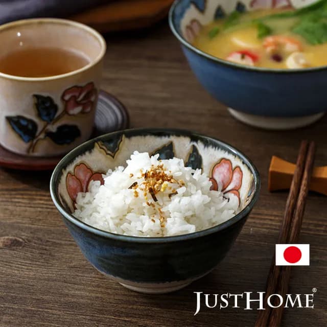 【Just Home】日本製玫瑰窯變陶瓷飯碗餐具5件組(可微波 碗 碗盤 醬料碟 飯碗 餐具組 碗組)
