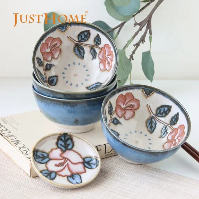 【Just Home】日本製玫瑰窯變陶瓷飯碗餐具5件組(可微波 碗 碗盤 醬料碟 飯碗 餐具組 碗組)