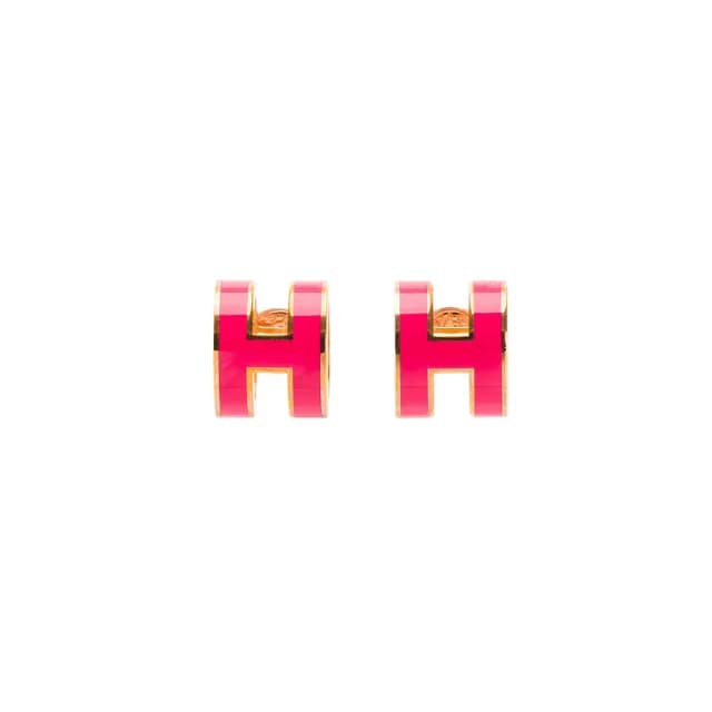 【Hermes 愛馬仕】經典POP H立體簍空橢圓LOGO耳環(紫桃粉/玫瑰金)