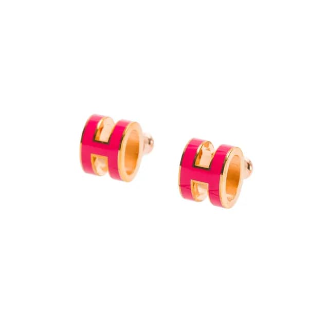 【Hermes 愛馬仕】經典POP H立體簍空橢圓LOGO耳環(紫桃粉/玫瑰金)