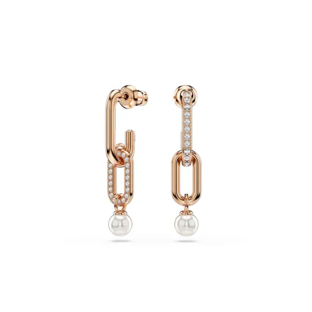 【SWAROVSKI 施華洛世奇】Constella 水滴形耳環 水晶珍珠 圓形切割 白色 鍍玫瑰金色