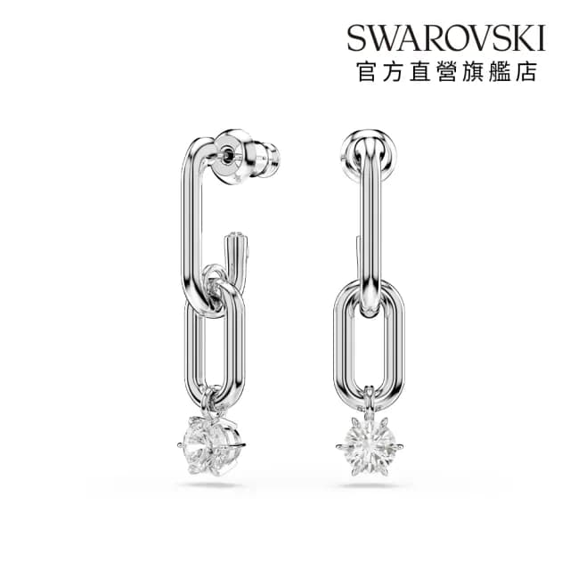 【SWAROVSKI 施華洛世奇】Constella 水滴形耳環 圓形切割 白色 鍍白金色