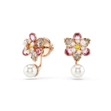 【SWAROVSKI 施華洛世奇】Idyllia 耳環袋 水晶珍珠 混合式切割 花朵 漸層色 鍍玫瑰金色