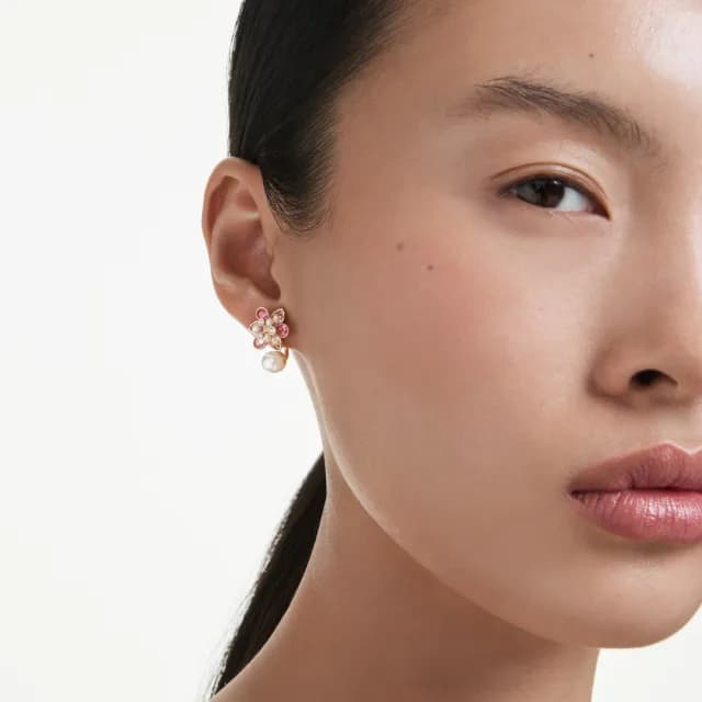【SWAROVSKI 施華洛世奇】Idyllia 耳環袋 水晶珍珠 混合式切割 花朵 漸層色 鍍玫瑰金色