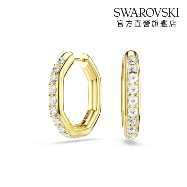 【SWAROVSKI 施華洛世奇】Dextera 大圈耳環 八邊形 圓形切割 白色 鍍金色
