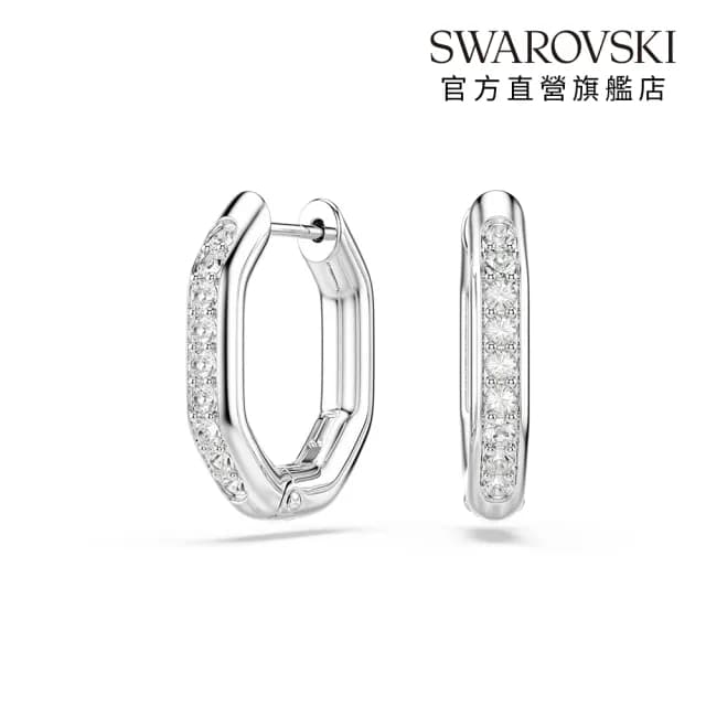 【SWAROVSKI 施華洛世奇】Dextera 大圈耳環 八邊形 圓形切割 白色 鍍白金色