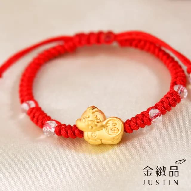 【金緻品】黃金兒禮 福氣招財蛇 紅繩手鍊 0.34錢(寶寶金飾 彌月禮盒 新生兒 小孩金飾 生肖蛇 蛇年 蛇寶寶)