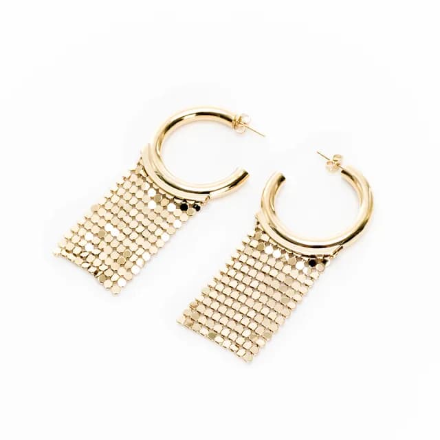【Paco Rabanne】Pixel Hoop 圈形金屬垂墜耳環(金)