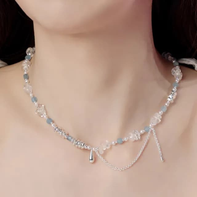【SPANCONNY 飾品控】海洋聯名 l 海藍寶 白水晶 珍珠 l 天然水晶項鍊(不易變形x不易斷裂x抗鏽防汗)