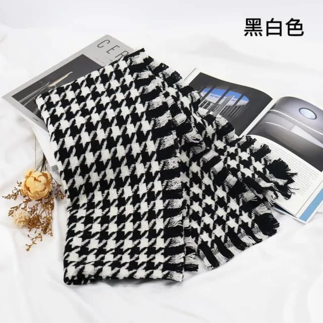 【VEDINA】100%純羔羊毛大披肩圍巾 千鳥格純羊毛 40*200 cm(白駝/黑棕/黑白色/短鬚設計保暖男女披巾圍脖)