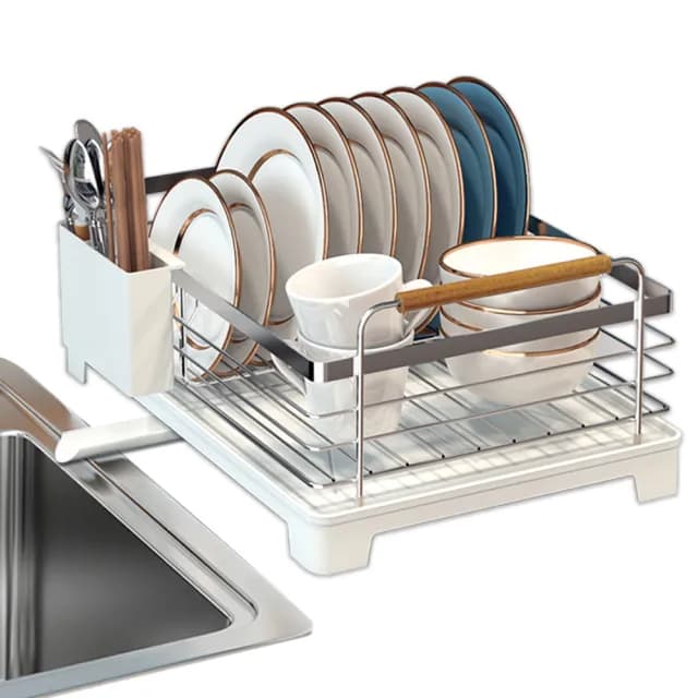 【Store up 收藏】頂級304不鏽鋼 可排水 木柄杯碟碗盤瀝水架-含餐具筒(AD509)