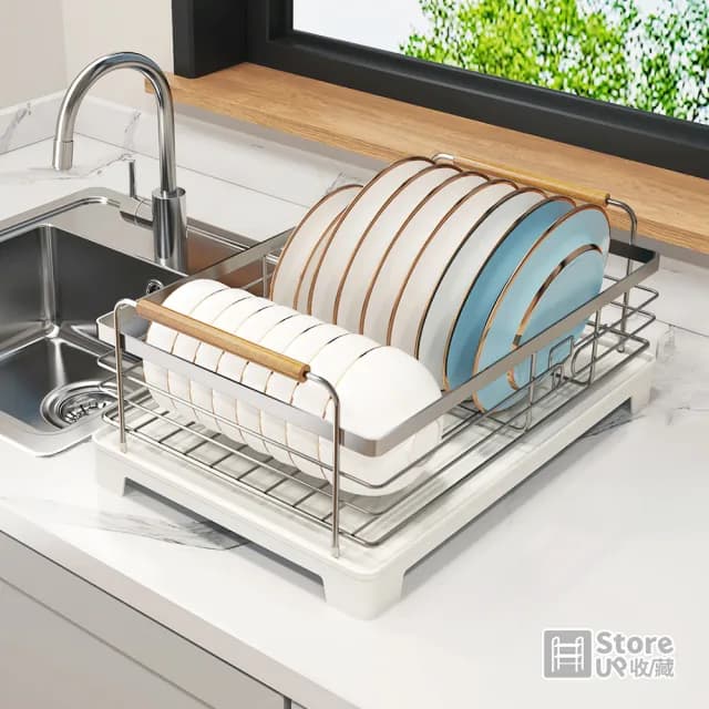 【Store up 收藏】頂級304不鏽鋼 可排水 木柄杯碟碗盤瀝水架-含餐具筒(AD509)