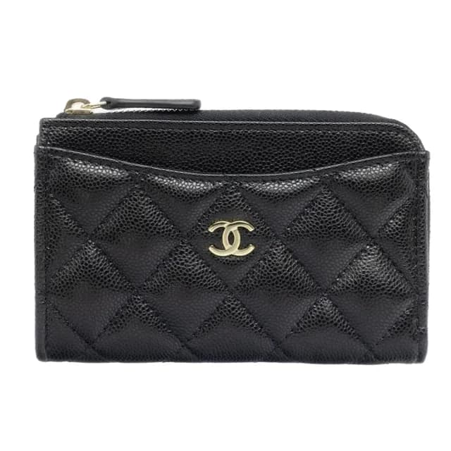 【CHANEL 香奈兒】AP3179 經典雙C LOGO 菱格紋牛皮拉鍊零錢包皮夾/卡夾(黑色)