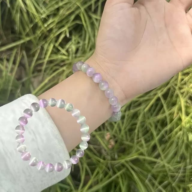 【柔光水晶】大地幻光薄荷紫貓眼石手鍊(彩色 紫綠珠 能量 開運 清新 手串 手珠)