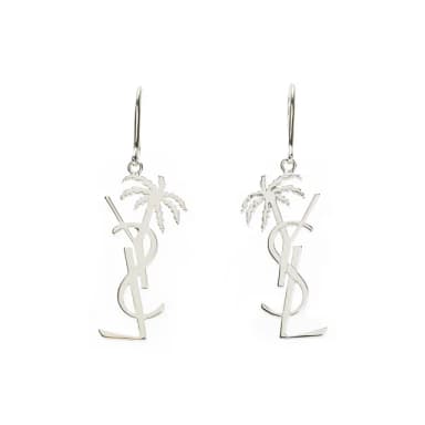 【YSL】YSL 銀色經典LOGO造型椰子樹垂墜式耳環(銀)