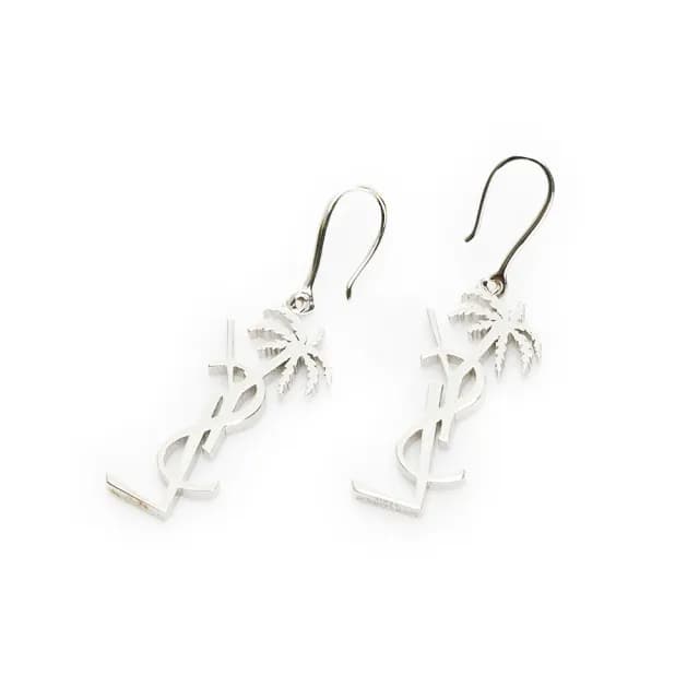【YSL】YSL 銀色經典LOGO造型椰子樹垂墜式耳環(銀)