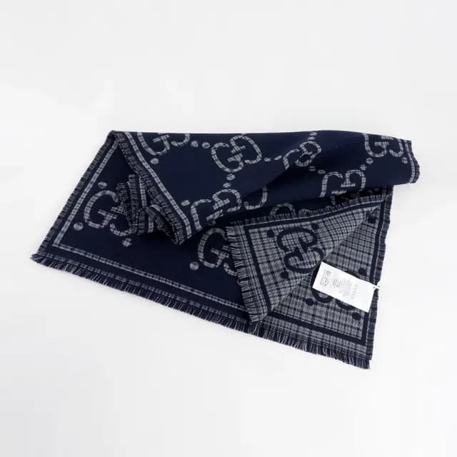 【GUCCI 古馳】GG Logo 格紋雙色羊毛圍巾(灰色/藍色)