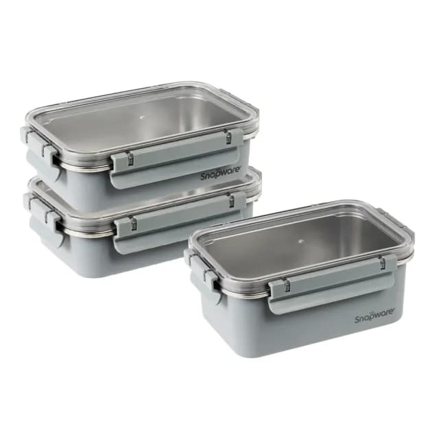 【CorelleBrands 康寧餐具】輕食感可微波不鏽鋼保鮮三件組-上蓋可共用(1020mlx2+1580mlx1)