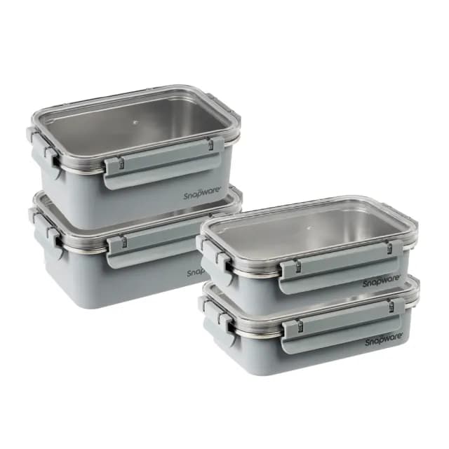 【CorelleBrands 康寧餐具】Eco Wave 輕食感可微波不鏽鋼保鮮四件組-上蓋可共用(1020mlx2+1580mlx2)
