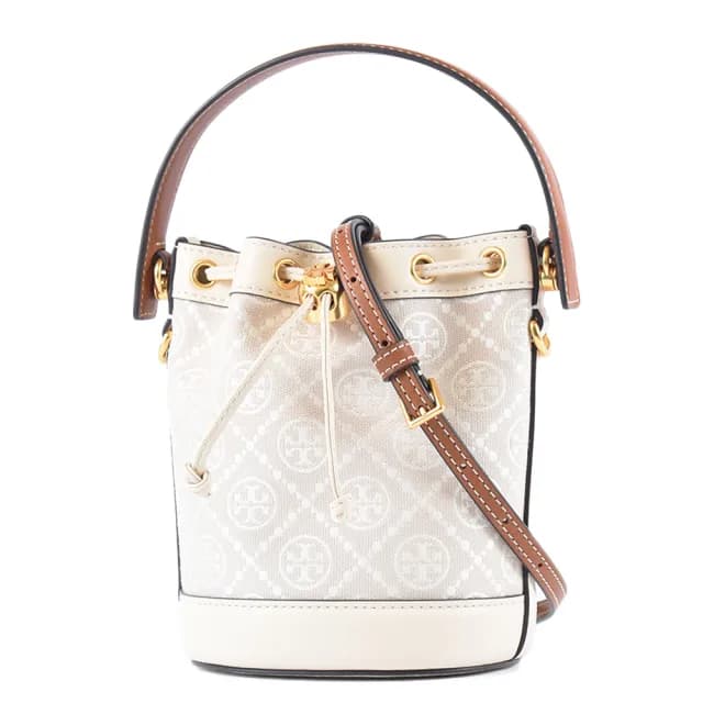 【TORY BURCH】專櫃款 緹花LOGO織布拚皮革手提/斜背二用水桶包-白色/迷你款