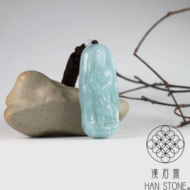 【漢石齋】情人節禮物 天然翡翠A貨 觀音玉佩吊墜 冰種藍水(27*62*13mm)