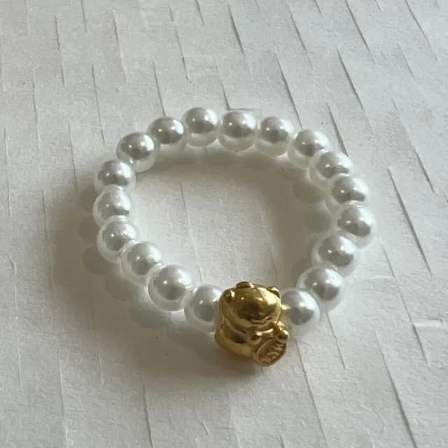 【Penny珮妮】黃金999迷你招財貓珍珠彈力繩指環戒指(母親節 送女友 交換禮物 生日 情人節 尾牙 新年 結婚)