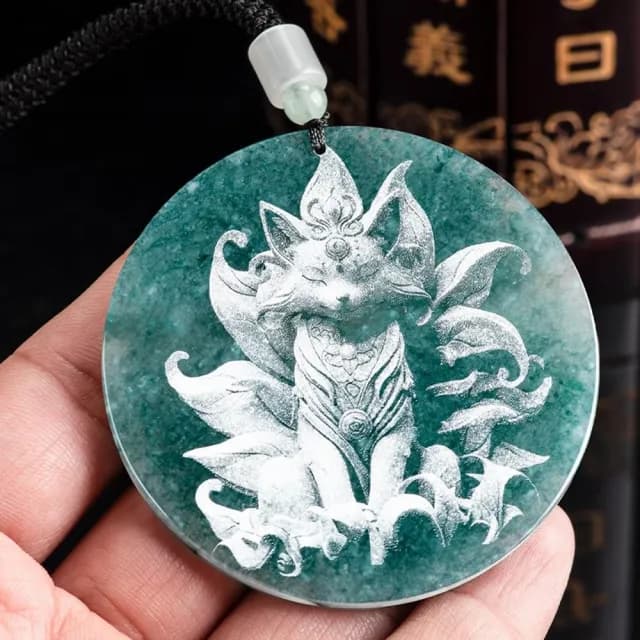 【Penny珮妮】A貨翡翠藍水九尾狐影雕吊墜項鍊(母親節 父親節 送男友 交換禮物 生日 情人節 尾牙 新年 結婚)