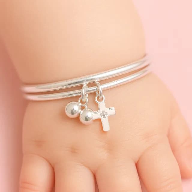【珠兒綠】999純銀幸福十字架搖鈴純銀手鐲-嬰兒 開運(純銀手環 手鍊 彌月禮物 附禮盒禮袋 開運)
