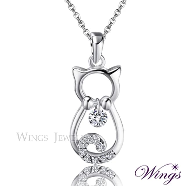 【WINGS】精鍍白K金項鍊《寶貝貓貓》｜閃耀擬真鑽・甜美可愛風(質感 喵星人 禮盒  貓咪 禮物)