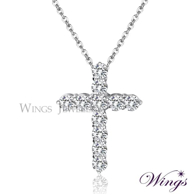【WINGS】十字架項鍊《聖潔之心》｜八心八箭擬真鑽・精鍍白K金(禮盒 禮物 送禮 質感 主日 受洗)