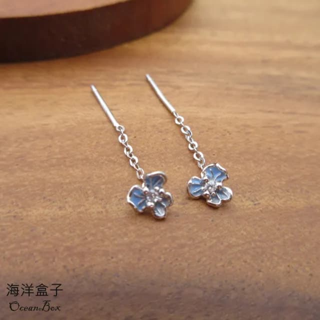 【海洋盒子】拉式。清新唯美藍釉鋯石小花S999純銀耳環(垂墜耳環.外鍍專櫃級正白K)