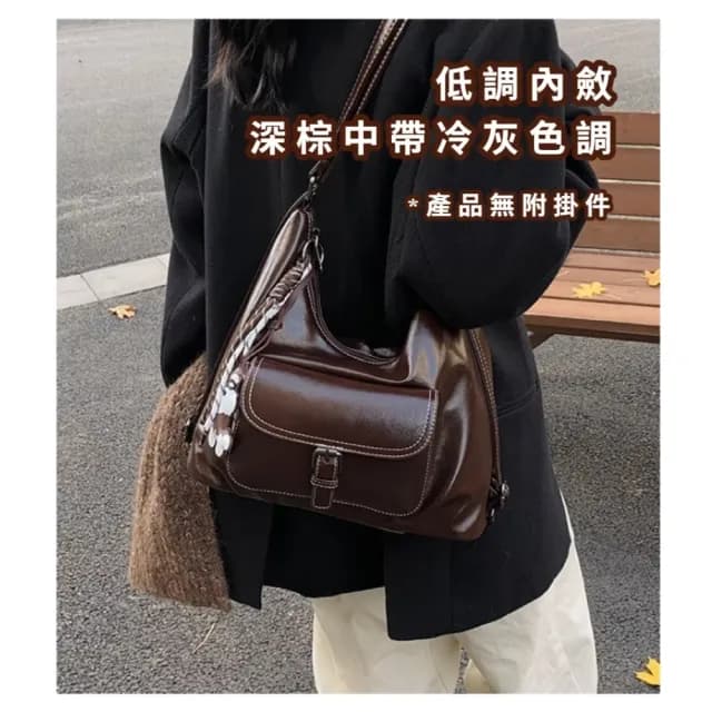 【韓風小鋪】父親節禮物 高級感復古冷棕油蠟皮單肩包(可雙肩背 可手提 斜跨包 側件包 女士 穿搭配件 冬季